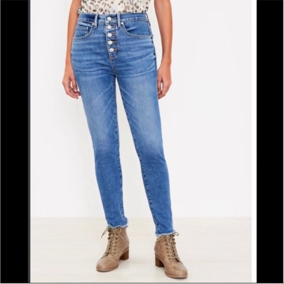 Loft Button Fly High Rise Curvy Skinny Raw Hem Jeans 8/29 Med Wash - Picture 1 of 9